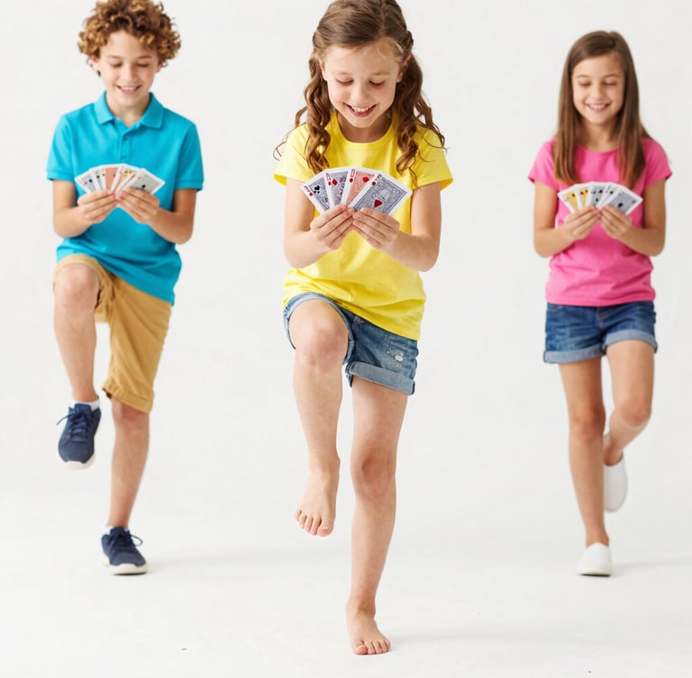 Vibrant action shot of a family laughing and balancing on one foot while holding colorful playing cards, bright natural daylight, high-key studio lighting.