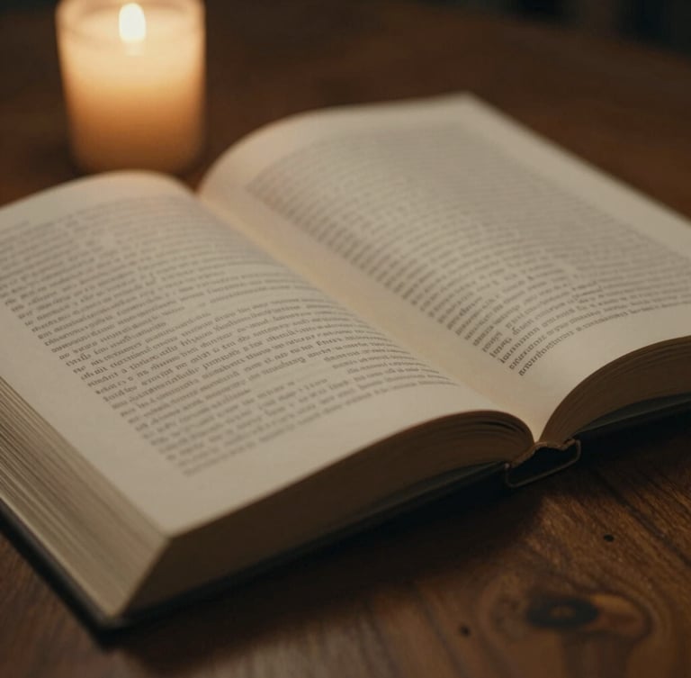 Close-up of an open literary book on a dark wooden table, warm candle light, textured paper visible, cinematic shallow depth of field, 35mm film grain.