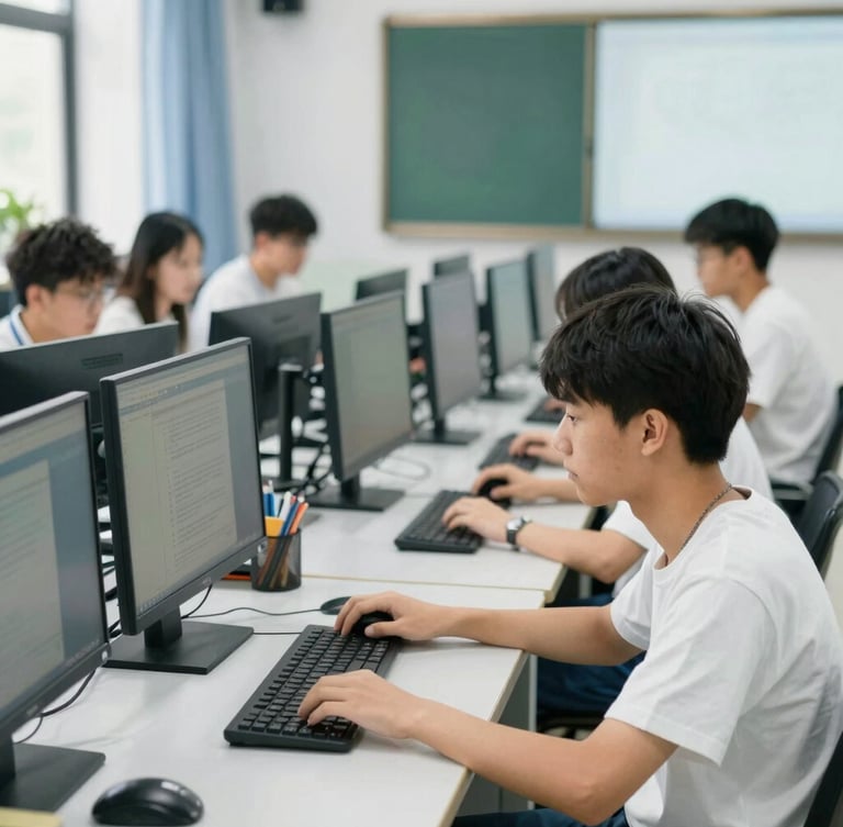 Bright natural daylight shot of students working in a modern computer lab, hands-on learning, clean institutional environment, 35mm lens
