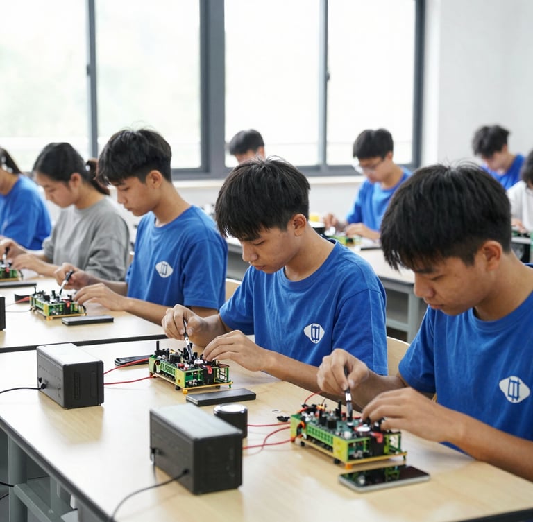 Bright technical workshop with students assembling hardware components under bright natural daylight, clean institutional environment, realistic documentary style.