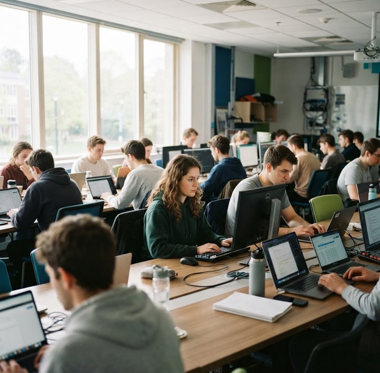 Bright classroom setting with young adult students focused on computer screens, natural daylight coming from side windows, 35mm lens shot