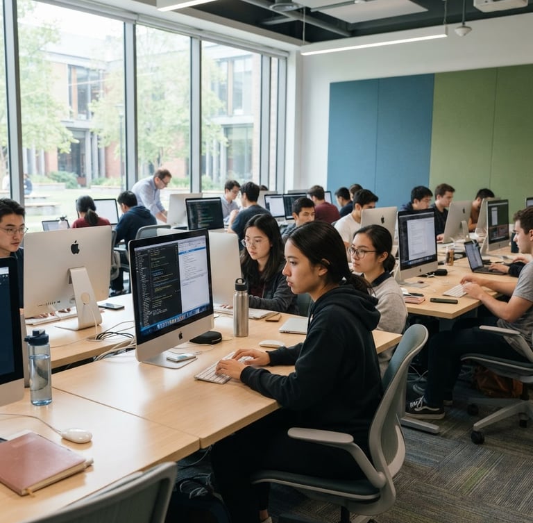 Bright classroom setting with students working on modern computer terminals, natural daylight from large windows, professional academic atmosphere, 35mm lens