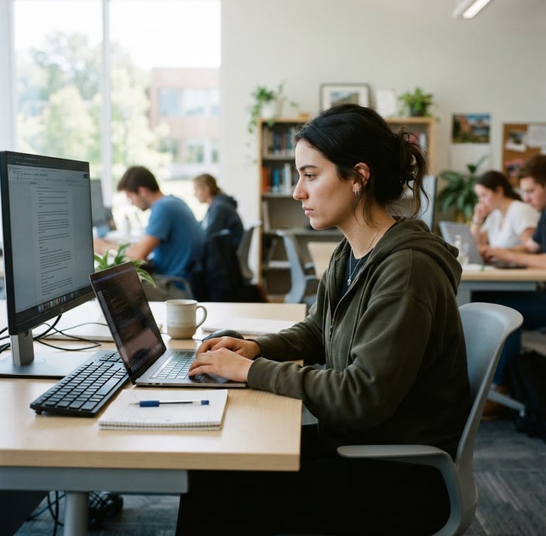 A student working at a computer station in a bright, modern classroom, natural daylight illuminating the workspace, focused expression, 35mm lens documentary style.