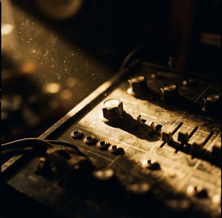 Extreme close-up of a vintage analog synthesizer, dust motes suspended in a single sharp shaft of golden studio light, high-contrast chiaroscuro, anamorphic lens, 35mm film grain