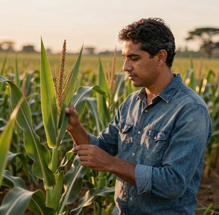Portrait shot of a Brazilian agronomist in a denim shirt examining healthy green corn leaves in a field during late afternoon sun, golden light, natural and authentic
