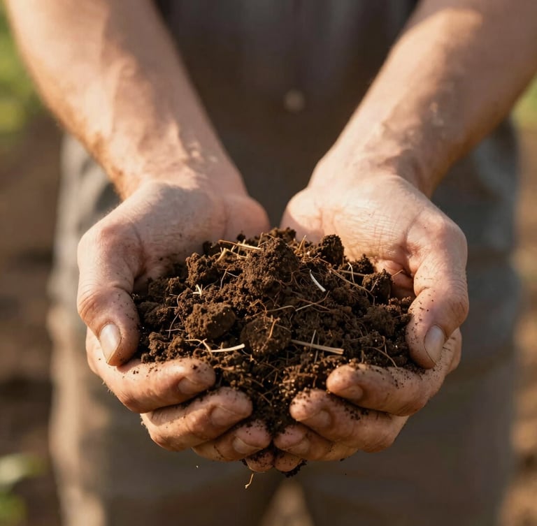 Close-up of healthy soil being held in expert hands, rich earth tones, high-detail agricultural texture, warm natural golden hour light.
