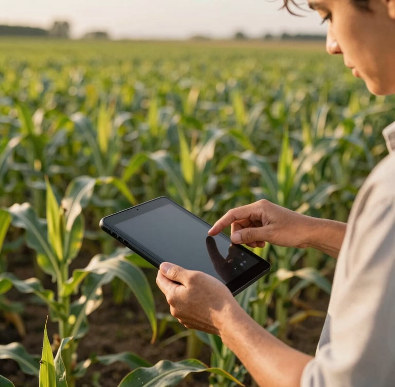 Análise de dados agrícolas em tablet no meio de uma plantação de soja saudável, iluminação natural de fim de tarde, foco nítido nas mãos do produtor.