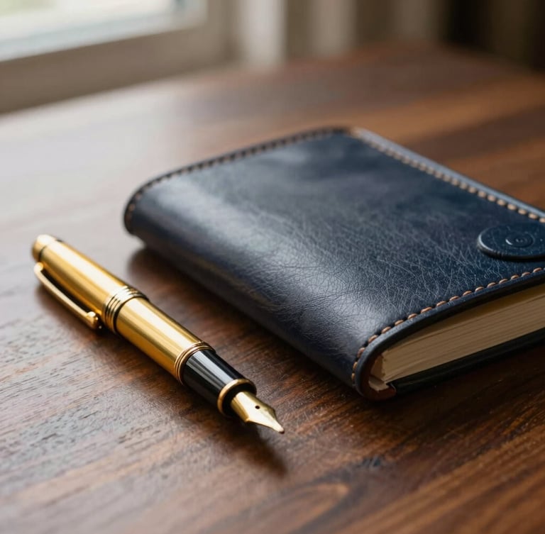 Macro shot of high-quality dark leather and a brass fountain pen on a dark wooden desk, soft natural side lighting, warm editorial style