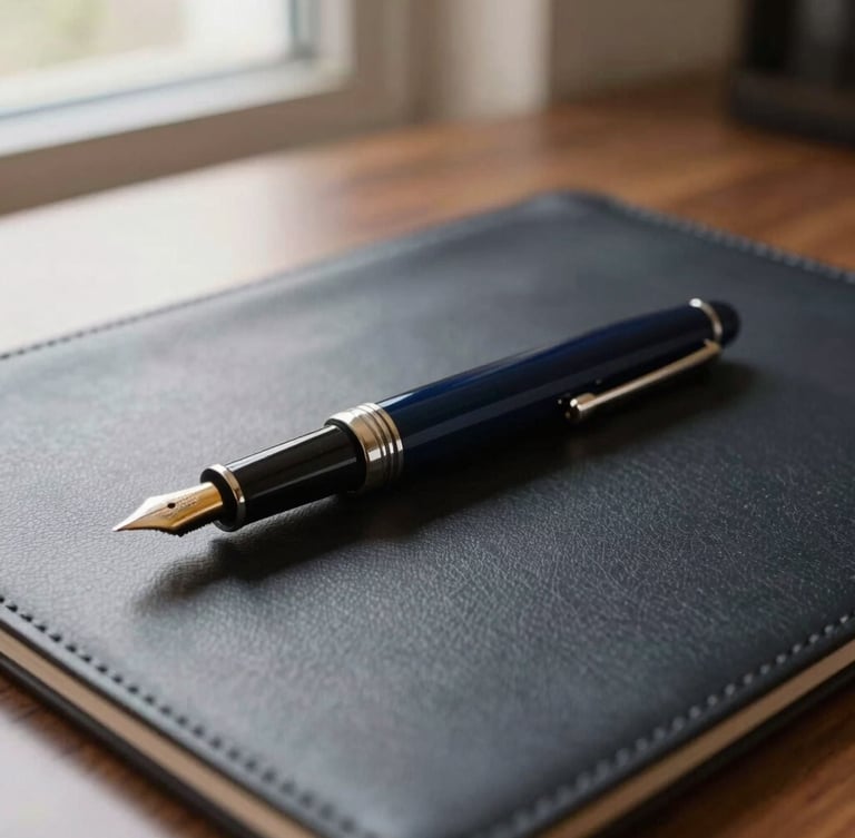 Close-up of a fountain pen resting on a dark leather desk pad, soft side window light, deep shadows, premium boardroom atmosphere, shallow depth of field