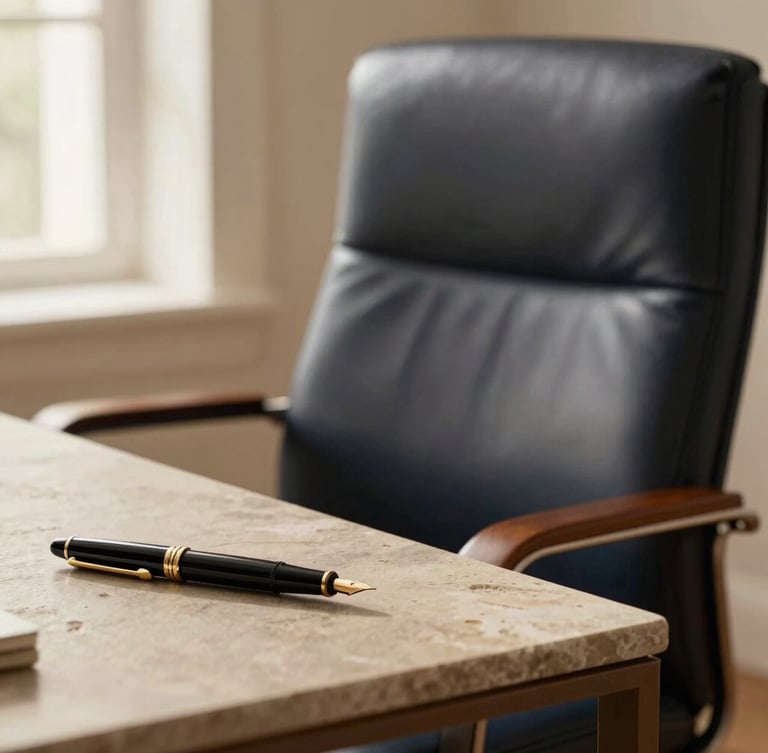 Elegant close-up of a high-end dark leather chair and a fountain pen on a textured stone desk, soft directional side lighting, warm editorial style.