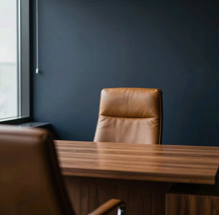 Elegant minimalist executive office interior, deep shadows, soft window light, warm leather and oak textures, shallow depth of field, 35mm