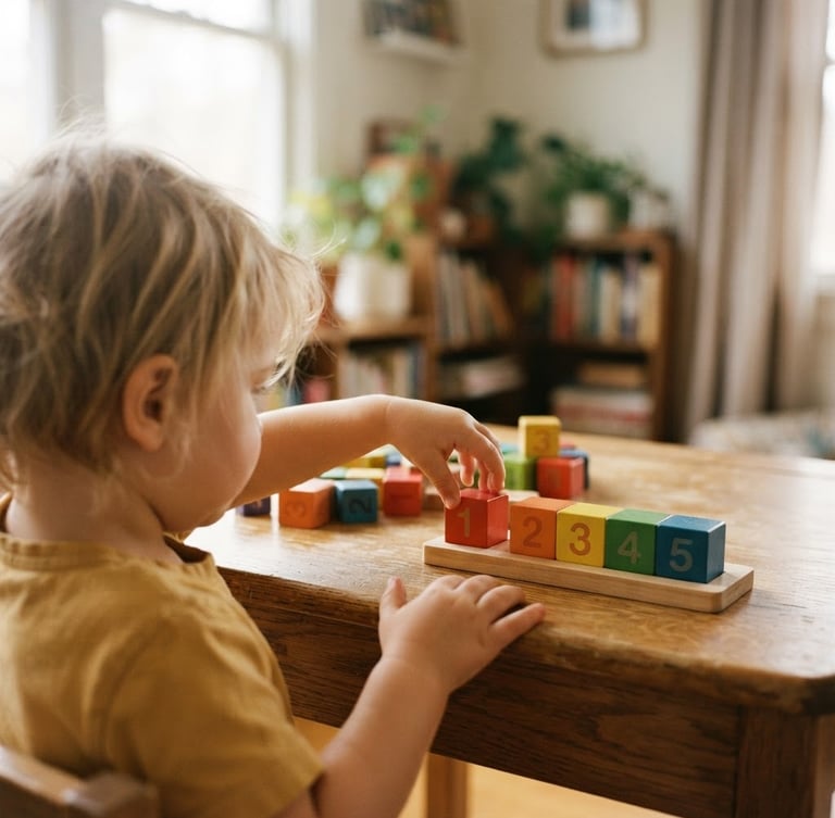 Over-the-shoulder shot of a young child's hands arranging wooden counting blocks on a clean wooden desk, soft natural morning daylight streaming from a side window, warm editorial style, shallow depth of field, 35mm photograph
