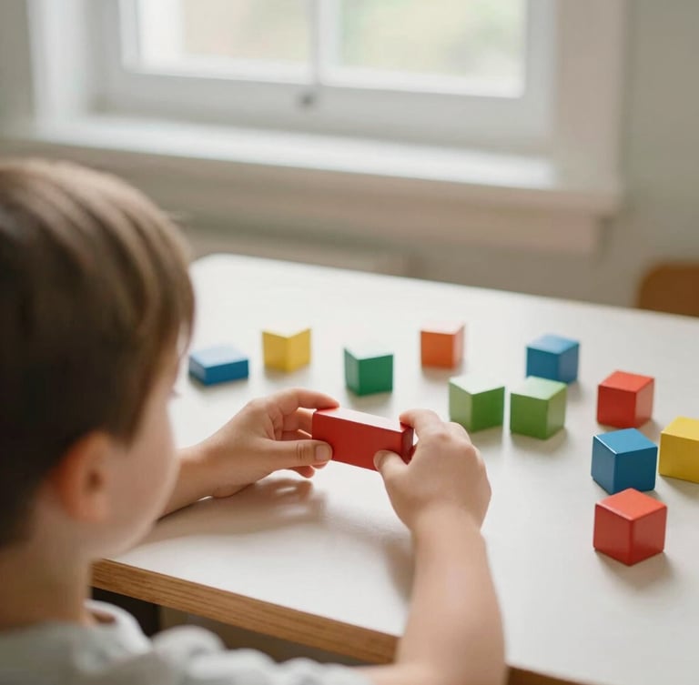 Over-the-shoulder view of a child arranging colorful wooden blocks on a clean desk, soft natural window light, warm editorial style, 35mm