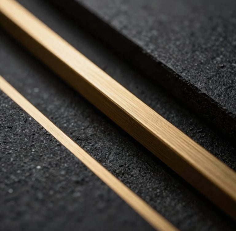 Dramatic low-key macro shot of brushed gold architectural lines cutting through dark obsidian stone shadows, elegant editorial photography, sharp depth of field