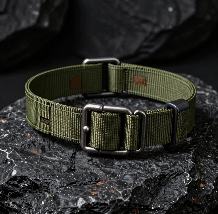 Close-up of a heavy-duty tactical dog collar made of thick nylon webbing with a steel buckle, resting on a dark textured rock, side-lit