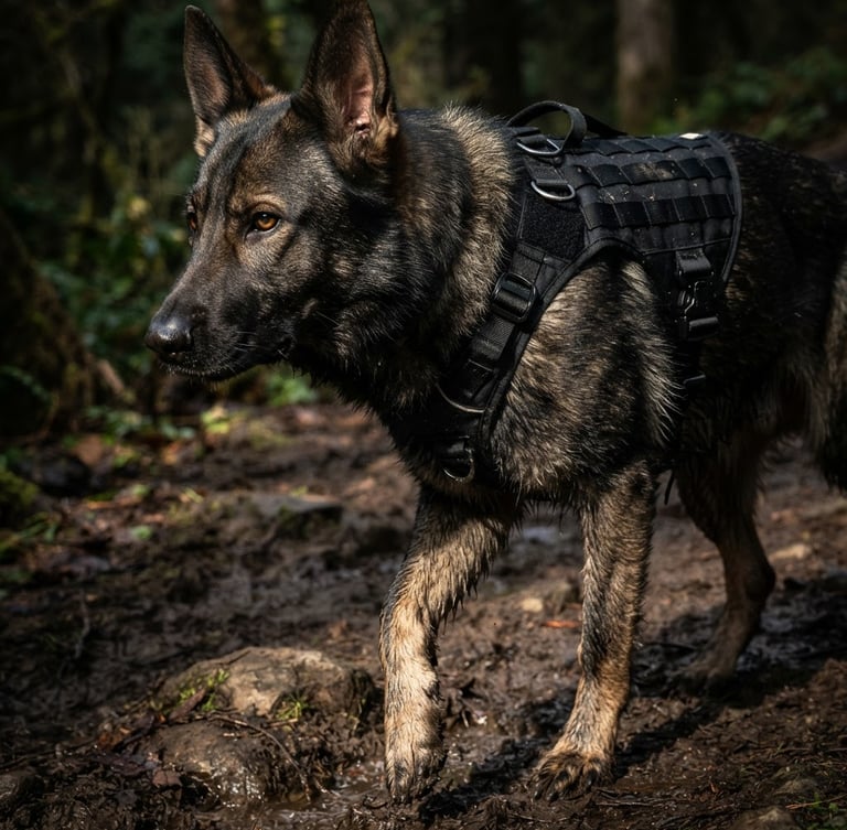 Close-up of a dark German Shepherd wearing a heavy-duty tactical nylon harness, dramatic side lighting on a muddy trail, sharp focus