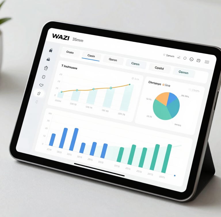 High-fidelity UI mockup of WAZI dashboard, showing clean charts and real-time cashflow data, on a modern tablet, natural daylight, crisp screenshot, soft shadows.