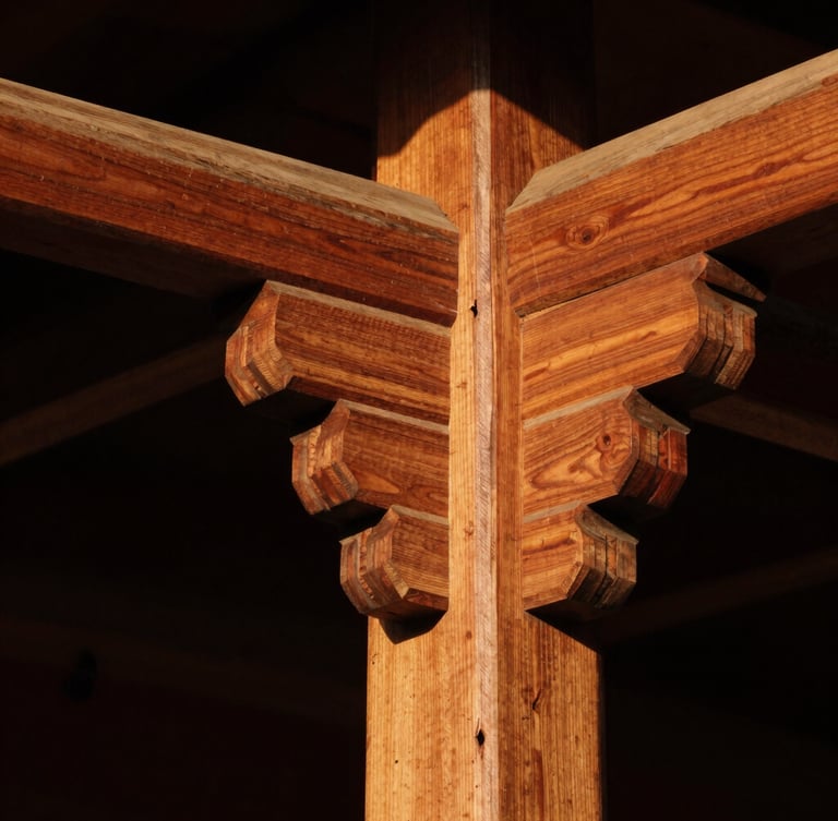 Extreme close-up of traditional Javanese wooden joinery, knock-down system, rich teak wood texture, dramatic golden-hour sunlight casting sharp shadows, high-contrast architectural photography
