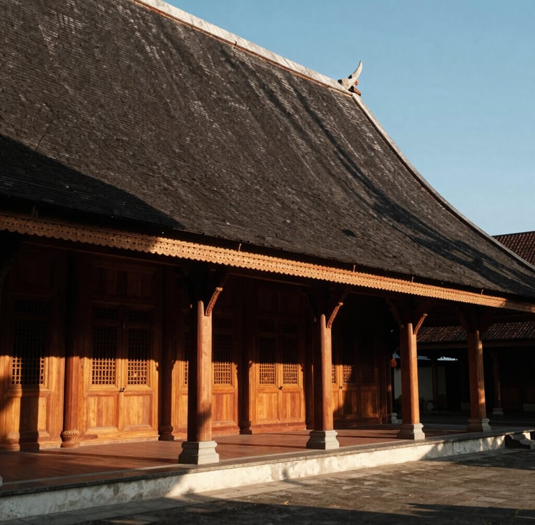 Architectural photography of a grand Javanese Joglo house at golden hour, sharp shadows through teak pillars, high contrast, 35mm lens