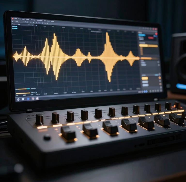Sleek digital audio workstation interface in low-key dark lighting, glowing gold digital waveforms across a wide screen, macro lens, 35mm