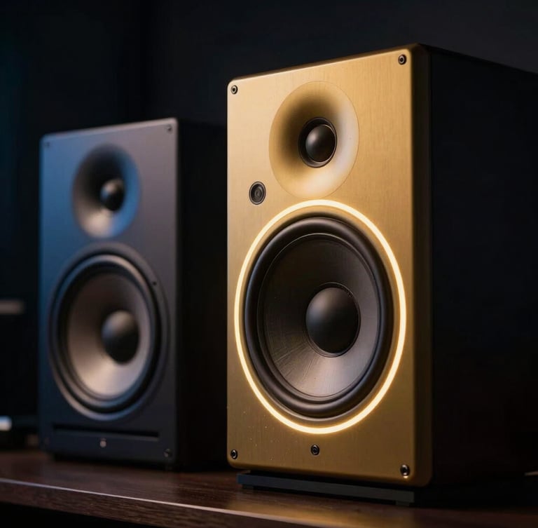 Close-up of modern studio monitors in low light, sharp gold neon accent lighting cutting through dark shadows, premium digital studio atmosphere