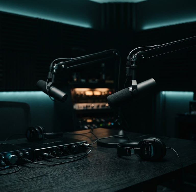 Cinematic low-key studio shot of a high-end podcast studio setup, professional microphones on boom arms, deep shadows with subtle teal rim lighting, shallow depth of field, 50mm lens
