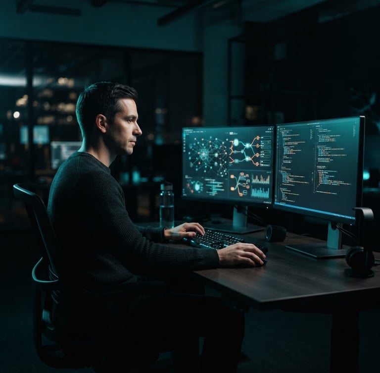 Sleek modern office workspace with dual monitors displaying complex data flows, cinematic low-key studio lighting with cool teal rim lights, deep shadows, 50mm lens