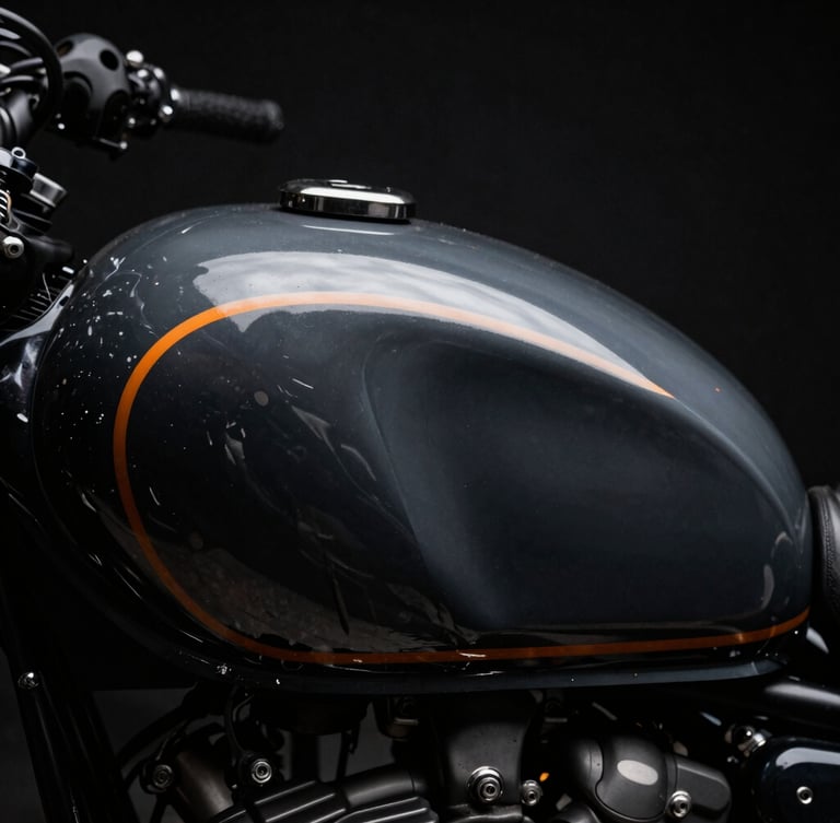 Macro shot of custom-painted vintage motorcycle tank reflecting dark studio lights, deep charcoal tones, sharp orange rim light.