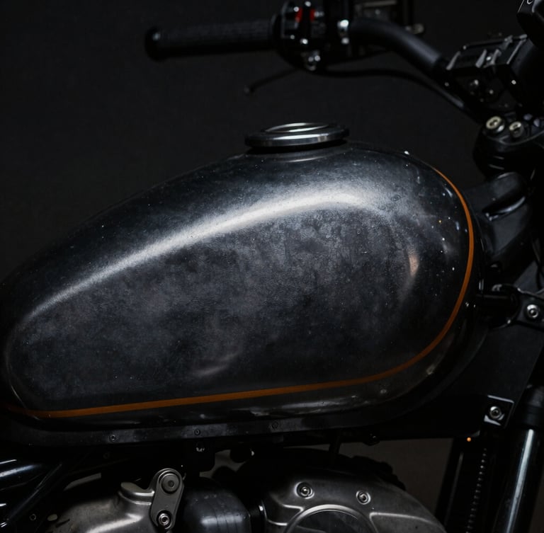 Macro close-up of custom-painted motorcycle tank with raw metal textures, dramatic low-key chiaroscuro lighting, deep charcoal tones