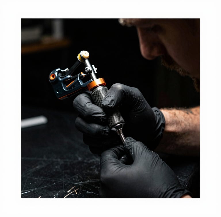 High-contrast portrait of a tattoo artist in a dark studio, single-source side lighting, macro focus on hands holding a professional coil machine, 35mm film grain