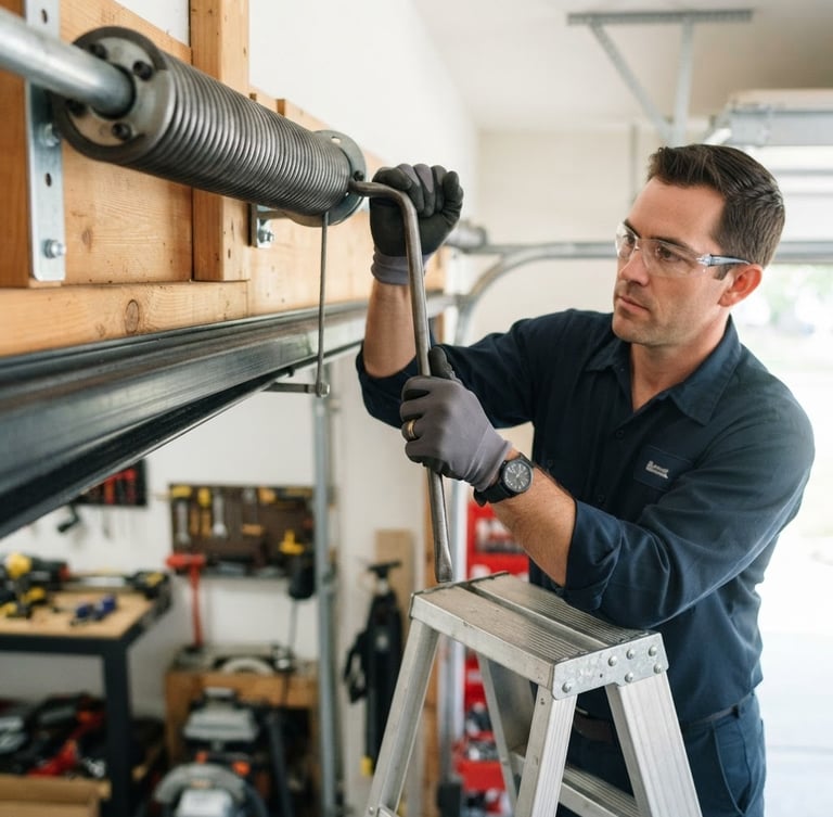 A clean-cut technician, mid-action, working on a garage door spring, hands visible with tools, bright natural daylight, close-up shot, 35mm lens.