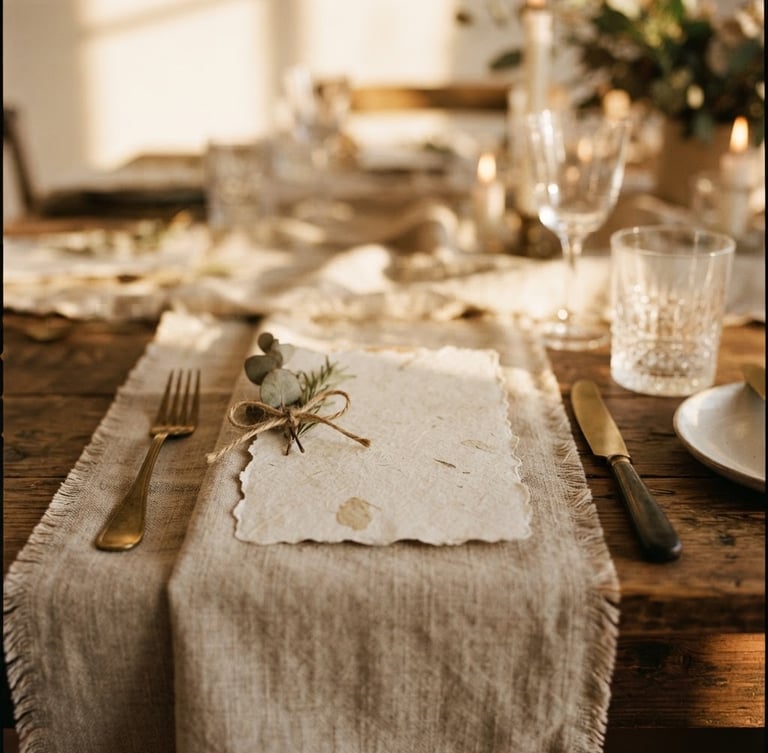 Close-up of elegant textured linen table runner with delicate handmade paper menu, warm golden hour light, soft shadows, 35mm film.