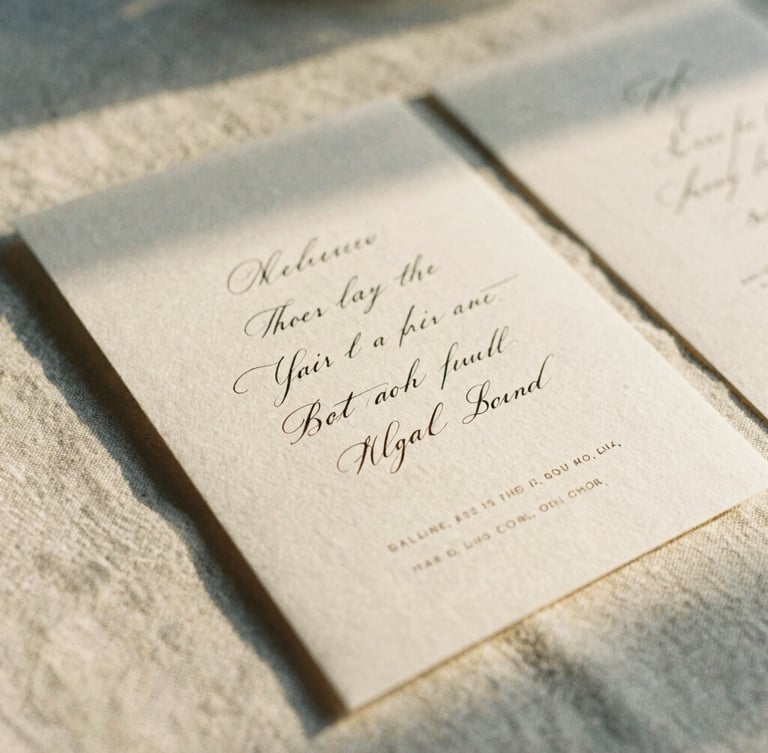 An intimate close-up of textured handmade paper wedding invitations with elegant calligraphy, resting on a raw linen tablecloth under soft golden-hour shadows, warm editorial photography, 35mm film.