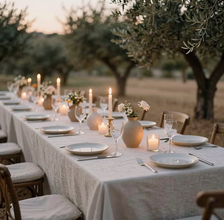 A long wedding dinner table set outdoors under olive trees, warm candlelit ambiance, textured linen tablecloth, artisanal ceramics, soft lighting