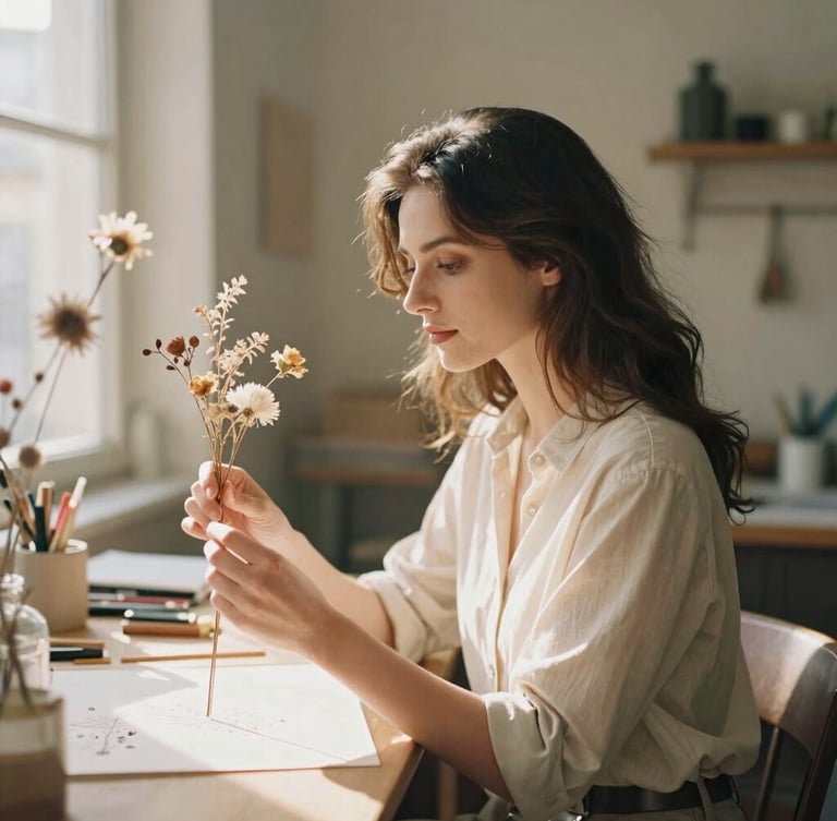 Elegant portrait of a female designer in a sunlit Parisian atelier, holding delicate dried florals, warm natural light, soft focus, 35mm film.