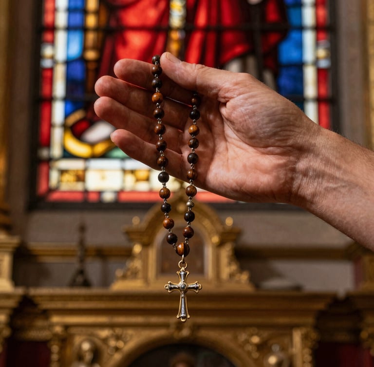 Primer plano de manos sosteniendo un rosario de madera antiguo, luz dorada de vitral iluminando los detalles, fondo desenfocado del altar