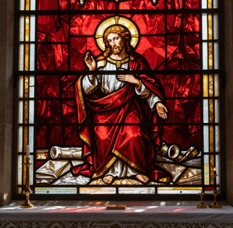 Close-up of warm sunlight filtering through a stained-glass window of the Sacred Heart of Jesus, illuminating a stone altar, rich crimson tones, shallow depth of field, 35mm