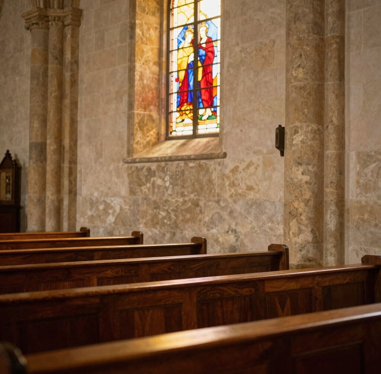 Warm editorial photography of an old Spanish parish church interior, wooden pews, stone pillars, soft golden-hour light, sacred and quiet atmosphere, 35mm