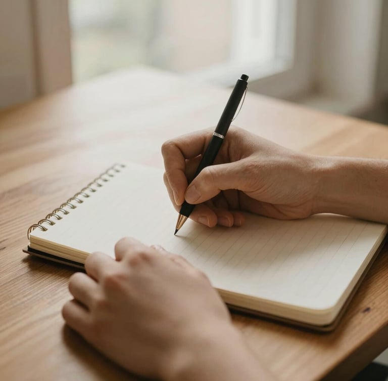 Close up of hands writing in a paper notebook on a wooden table with soft natural window light, warm editorial aesthetic