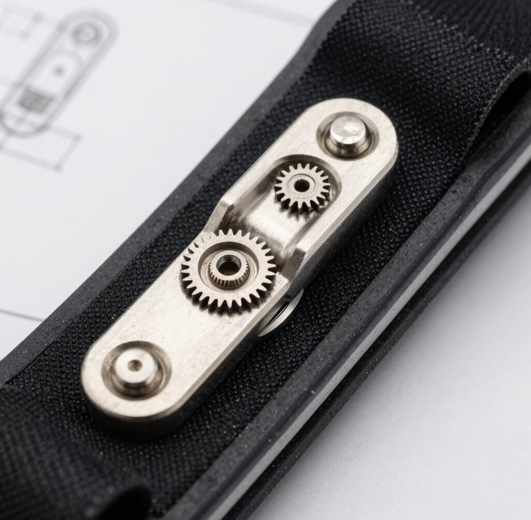 Extreme close-up macro shot of a clinical post-op orthopedic brace hinge mechanism, showing precise metallic gears and structural rivets, bright clean shadowless studio light, sterile white background, technical blueprint aesthetic.