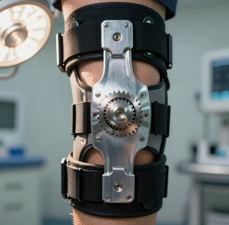 Extreme macro close-up of a clinical post-op knee brace hinge mechanism, showing precise metallic gears and structural alignment, shot in bright shadowless operating room light.