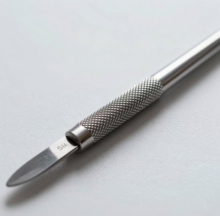 Macro close-up of a surgical steel scalpel handle, precise knurled grip texture, bright clinical lighting