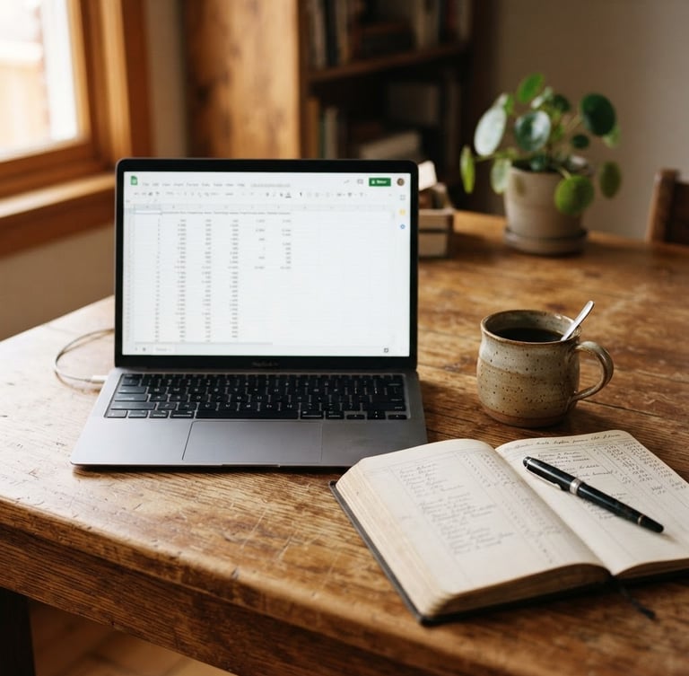 A close-up of a rustic wooden desk with a laptop showing a clean spreadsheet, a ceramic coffee mug, and a handwritten ledger under soft morning light, 35mm