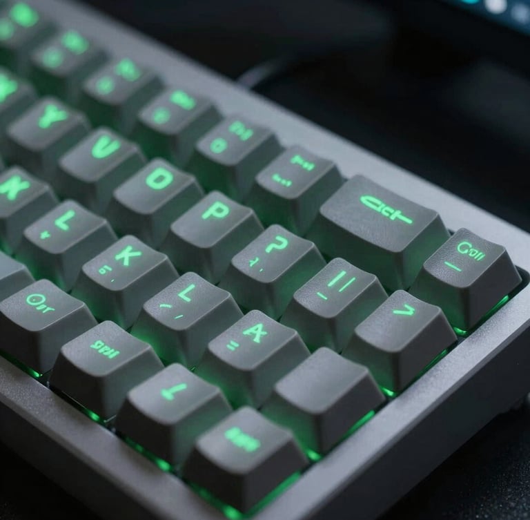 Macro close-up de um teclado de computador moderno com teclas iluminadas em verde, refletindo um código limpo em uma tela, em um ambiente de trabalho escuro com iluminação de estúdio fria.