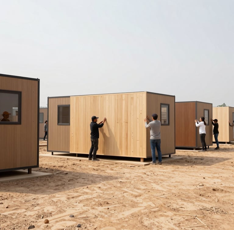 Wide environmental shot of a community-led assembly of modern modular housing units, local workers lifting a lightweight wall panel under bright overcast daylight, realistic architectural documentary photography