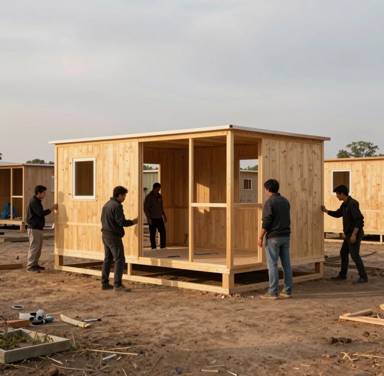 Medium-close architectural photograph of local community members actively participating in the rapid assembly of a sustainable housing unit, warm golden hour light.