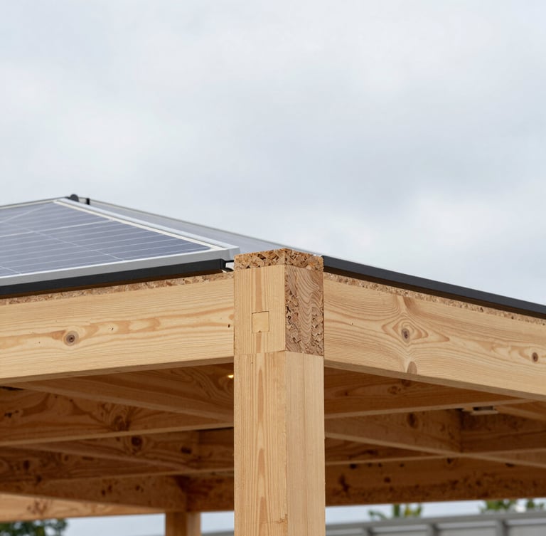 Architectural close-up of sustainable building materials, focusing on cross-laminated timber joints and integrated solar cells under soft overcast daylight