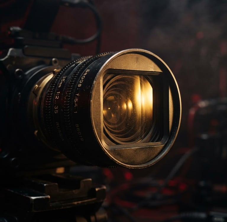Extreme close-up of an anamorphic cinema lens, gold light catching the glass element, dark high-contrast studio background, hazy atmosphere, 21:9 composition