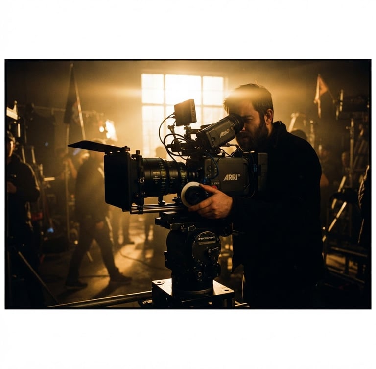 A high-contrast cinematic film photograph of a professional camera rig on a hazy film set, dramatic golden-hour backlighting, anamorphic lens flare, low-key shadows