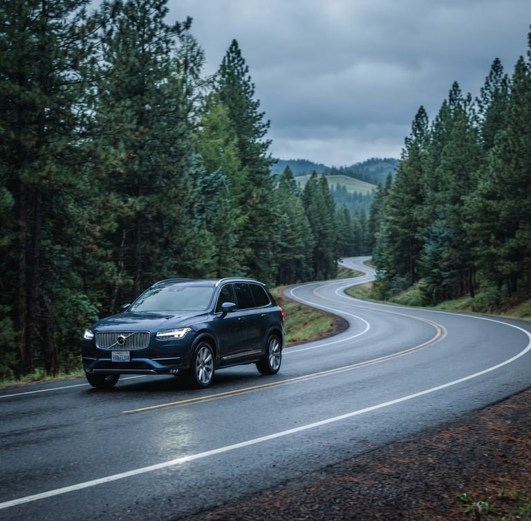 A modern SUV driving along a scenic, pine-lined highway in Spokane, overcast Pacific Northwest daylight, cool slate tones, crisp editorial photography